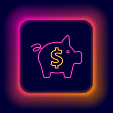 Parlayan neon hattı Piggy Bank ikonu siyah arka planda izole edildi. Tasarruf ya da para birikimi, yatırım. Renkli taslak konsepti. Vektör