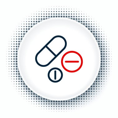 Beyaz arka planda izole edilmiş çizgi ilacı veya tablet ikonu. Kapsül hapı ve uyuşturucu işareti. Eczane tasarımı. Renkli taslak konsepti. Vektör