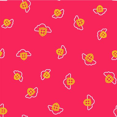 Çizgi Bulut ve kalkan simgesi kırmızı arkaplanda izole edilmiş. Bulut depolama veri koruması. Güvenlik, güvenlik, koruma, gizlilik kavramı. Vektör