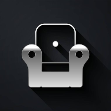 Siyah arkaplanda izole edilmiş gümüş Kol Koltuğu simgesi. Uzun gölge tarzı. Vektör