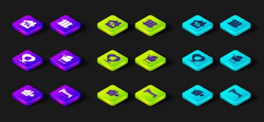 Satış evi, yatak, kalp şeklinde ev, alışveriş arabası, ısıtma kaloriferi ve indirimli satış ikonu. Vektör