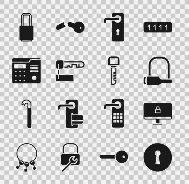 Anahtar Deliğini Ayarla, Bilgisayar monitörüne Kilitle, Bisiklet kilidi, Kapı kolu, İşaretli anahtar, Ev dahili iletişim sistemi, ve simge. Vektör