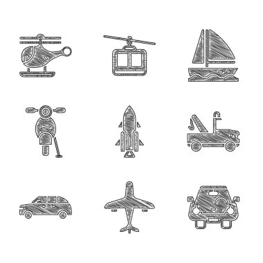 Roket gemisini ateşle, Uçak, Araba, Çekici, Hatchback arabası, Scooter, Yat yelkenlisi ve helikopter ikonu ile ayarlayın. Vektör