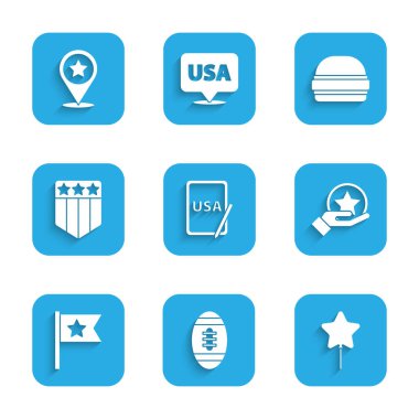 ABD 'yi grafik tablet, Amerikan Futbolu, Balon, Bağımsızlık Günü, Bayrak, Yıldızlı Kalkan, Burger ve ikon' a ayarlayın. Vektör