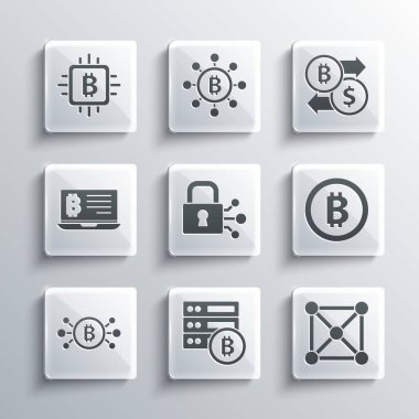 Sunucu bitcoin, Blockchain teknolojisi, Bitcoin, Lock with, devre, Maden ocağı, CPU madencilik çiftliği ve Kripto döviz simgesi. Vektör