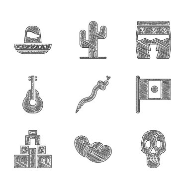 Set Snake, Beans, Skull, Mexico flaması, Chichen Itza in Maya, Meksika gitarı, Huehuetl ve sombrero ikonu. Vektör