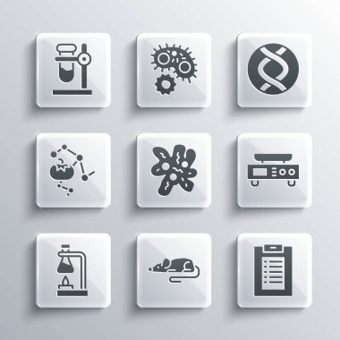 Deneysel fare, klinik kayıt, elektronik ölçekler, hücre, deney tüpü ateşi, genetik olarak değiştirilmiş gıda, stand ve DNA sembolü ikonu. Vektör