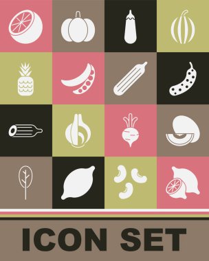 Limon, kavun, salatalık, patlıcan, bezelye, ananas, portakal ve ikon koy. Vektör