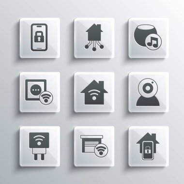 Smart garajı, akıllı evi, internet kamerası, kablosuz ağ bağlantısı, elektrik prizi, elektrik prizi, dijital kapı kilidi ve ses asistanı ikonu olan bir mobil. Vektör