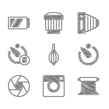 Toz üfleyici, fotoğraf makinesi, boş fotoğraf stüdyosu, kamera zamanlayıcısı, deklanşör ve simge için pil ayarla. Vektör