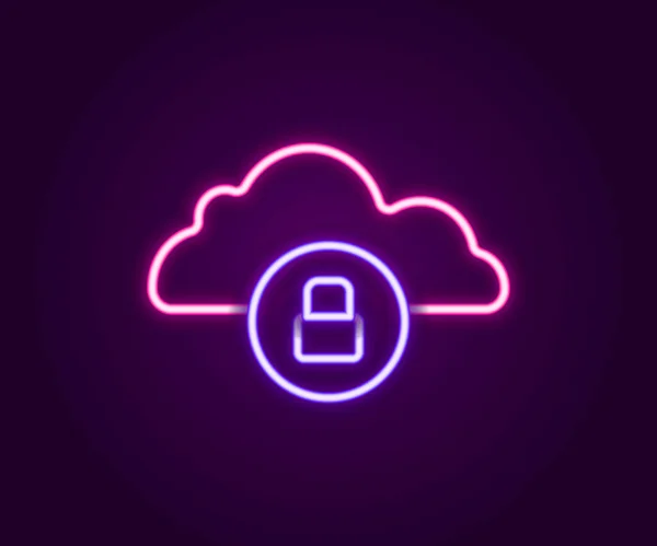 Glowing Neon Line Cloud Computing Lock Icon Isolated Black Background — Stock Vector