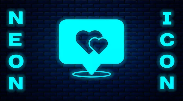 Glowing Neon Map Pointer Heart Icon Isolated Brick Wall Background — Stock Vector