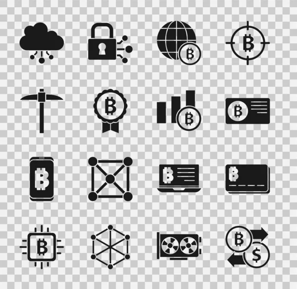 Set Cryptocurrency Exchange Credit Card Bitcoin Globe Bitcoin Pickaxe Cloud — Image vectorielle