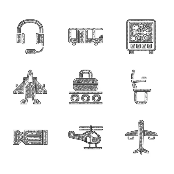 Set Förderband Mit Koffer Hubschrauber Flugzeug Flugzeugsitz Flugticket Düsenjäger Radar — Stockvektor