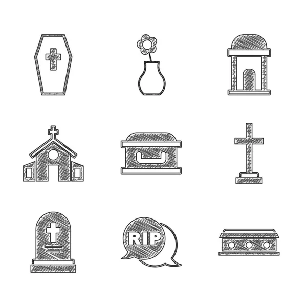 Set Coffin Cross Speech Bubble Rip Death Grave Tombstone Church — 스톡 벡터