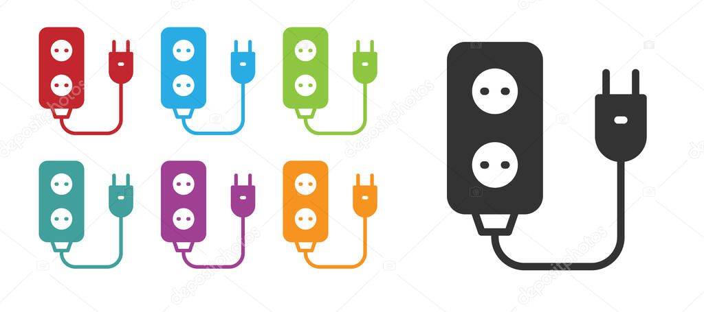 Black Electric extension cord icon isolated on white background. Power plug socket. Set icons colorful. Vector