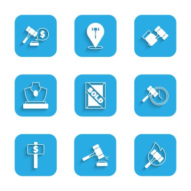 Açık arttırma satışı, çekiç, açık arttırma raketi, mücevher satışı ve fiyat ikonu. Vektör