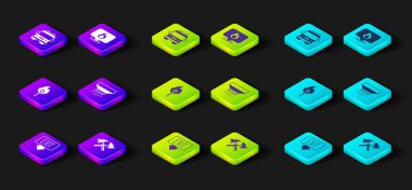 Yangın çıkışı, itfaiyeci baltası, yangın söndürme sistemi, konum alevi ve kamyon ikonu. Vektör