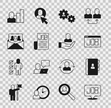 Arama işini ayarla, özgeçmiş, teçhizatlı insan, Proje ekibi üssü, Üretici insan ve İşçi simgesi. Vektör