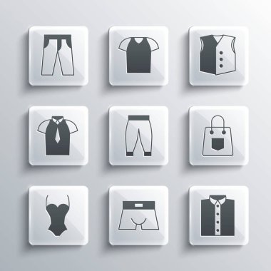 Set Men iç çamaşırı, gömlek, el çantası, pantolon, mayo ve yelek ikonu. Vektör