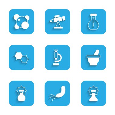 Mikroskop, Bakteri, Patlama şişesi, Havan ve tokmak, Kimyasal formül, Test tüpü ve Molekül ikonu. Vektör