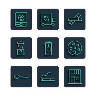 Set hattı kaşık, sigara, kahve dükkanı, şeker çubuğu paketleri, Fransız presi, elektrikli kahve öğütücüsü, elektronik terazi ve kurabiye ikonu. Vektör
