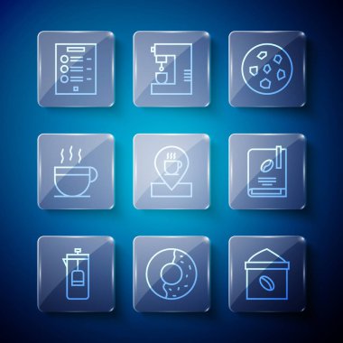 Fransız presi, tatlı jöleli donut, kahve çekirdekleri, kurabiye ya da bisküvi, lokasyon bardağı, kahve, menü ve kitap ikonu. Vektör