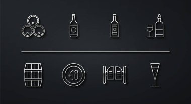 Ahşap fıçılar, camlı şarap şişesi, salon kapısı, alkol 18 artı bira, bir bardak şampanya ve votka ikonu. Vektör