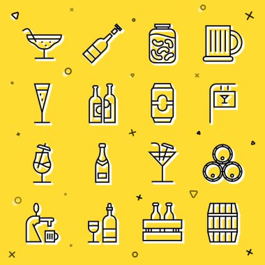 Ahşap fıçı, fıçılar, Bar 'lı sokak tabelası kavanozda salatalık turşusu, bir şişe şarap, cam şampanya, kokteyl ve bira ikonu. Vektör