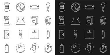 Set hattı Stopwatch, Rolling pin, American Football, taşınabilir video oyun konsolu, iğne ve iğne, iş stratejisi, dikiş ipliği makarası ve iskambil simgesi. Vektör