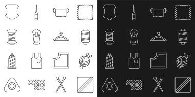 Çizgili dikiş deseni, örgü iğneleri, iplik, kumaş rulosu, fermuar, deri ve askı ikonlu iplik topu. Vektör