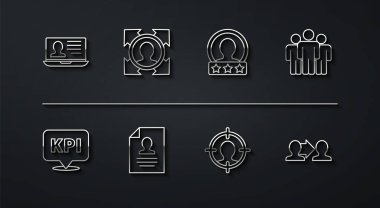 Dizüstü bilgisayarı özgeçmiş, anahtar performans göstergesi, kullanıcı grubu, kafa avı, özgeçmiş, Proje ekibi tabanı ve hesap simgesi oluştur. Vektör