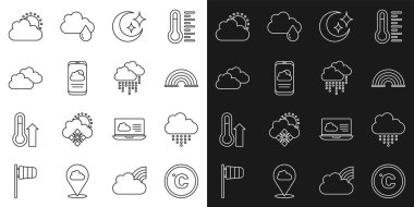 Celsius 'u, yağmurlu Bulut' u, Gökkuşağını, Ay 'ı ve yıldızları, hava durumunu, güneş bulutlarını ve ikonu belirleyin. Vektör