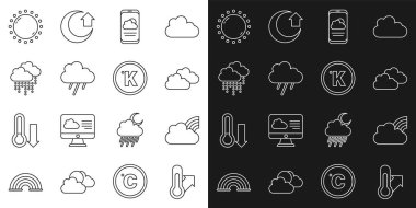 Meteoroloji termometresi, bulutlu Gökkuşağı, Bulut, Hava Durumu, Yağmur, Güneş ve Kelvin ikonu. Vektör