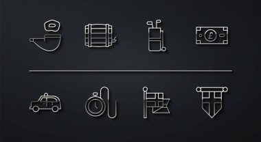 Hattı, sigara içme piposunu, taksi arabasını, sterlin parasını, İngiltere bayrak direğini, zinciri, tahta fıçıyı, flamayı ve golf çantalarını izleyin. Vektör