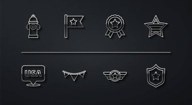 Hat hattı yangın musluğu, ABD Bağımsızlık Günü, Amerikan Ordusu, bayraklı karnaval çelengi, polis rozeti ve madalya ikonu. Vektör