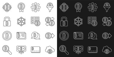 Kripto para birimi bulut madenciliği, Bitcoin, takas, engelleme teknolojisi, bitcoin ile kilit, CPU çiftliği ve sunucu simgesi. Vektör