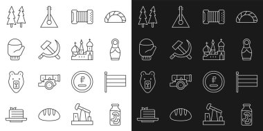 Kavanozda salatalık turşusu, Ulusal Rusya bayrağı, Rus bebek matruşka, Akordiyon, Çekiç ve orak SSCB, Noel eldiveni, ağaç ve Aziz Basil 'in Katedral ikonu. Vektör