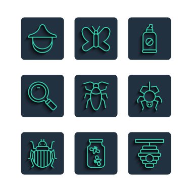 Kolorado böceği, Ateşböcekleri kavanozda, arılar için Kovan, böceklere karşı sprey, hamamböceği, büyüteç, arıcı şapkası ve örümcek ikonu. Vektör