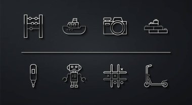 Sıra Abacus, İşaretli kalem, oyuncak taş tuğlalar, Tic Tac toe oyunu, Robot oyuncağı, bot, Scooter ve fotoğraf makinesi ikonu. Vektör