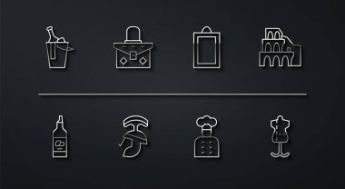 Bir şişe şarap, zeytinyağı, Roma Kolezyumu, İtalyan aşçı, Roma askeri miğferi, el çantası, manken ve resim ikonu. Vektör