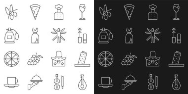 Mandolin, Tower Pisa, Mascara fırçası, İtalyan aşçı, kadın elbisesi, parfüm, zeytin dalı ve Vitruvian ikonu. Vektör