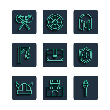 Boynuzlu miğfer, kale, meşale ateşi, ortaçağ demiri, antik hazine sandığı, darağacı, çapraz ortaçağ baltaları ve kalkan ikonu. Vektör