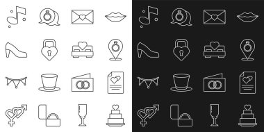 Yürekli düğün pastası, tebrik kartı, yüzükler, sevgililer günü zarfı, Castle şekli kadın ayakkabısı, müzik notu ve yatak odası ikonu. Vektör