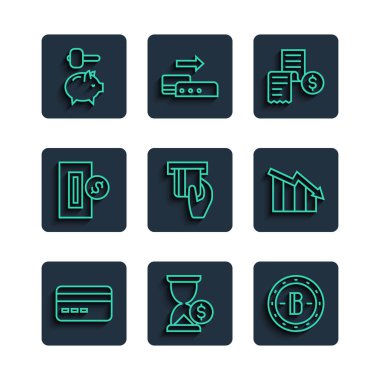 Hat kredi kartı, dolar, Bitcoin, Kağıt ya da finansal çek, eklenen, eklenen, yerleştirilen, Piggy bank ve çekiç ve finansal büyüme azaltımı simgesi. Vektör