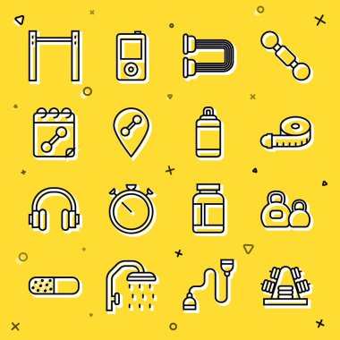 Metal rafı ağırlık, kettlebell, mezura, göğüs açıcı, konum spor salonu, takvim fitness, yatay çubuk ve kum torbası ikonu ile ayarla. Vektör