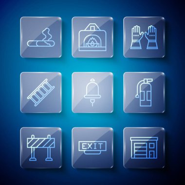 Hat bariyeri, yangın çıkışı, itfaiye binası, itfaiyeci eldivenleri, alarm zili, kaçış, sigara ve yangın söndürme ikonu. Vektör