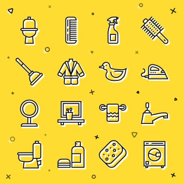 Çamaşır makinesi, su musluğu, elektrikli ütü, temizlik spreyi, bornoz, pompa, klozet ve ördek ikonu. Vektör