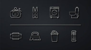 Bir kalıp sabun, jilet, klozet köpüklü kova, temizlik için fırça toka, saç fırçası ve çamaşır makinesi ikonu. Vektör