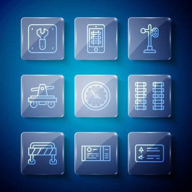 Hat bariyeri, tren bileti, trafik levhası, ışık, istasyon saati, Draisine veya el arabası, demiryolu ve demiryolu onarımı, tren yolu ikonu. Vektör